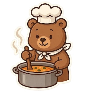 May include: A brown bear wearing a chef's hat and a white neckerchief stirs a pot of soup. The cartoon bear has a friendly expression and is holding a wooden spoon. Steam rises from the gray pot filled with vegetables.