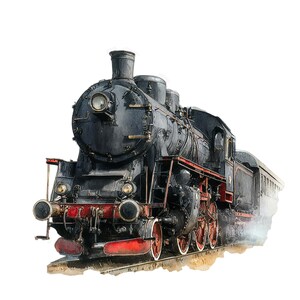 Könnte beinhalten: Aquarell-Illustration einer schwarzen Dampflokomotive mit roten und weißen Akzenten an den Rädern. Der Zug fährt auf Schienen und hat ein detailliertes Design, einschließlich eines großen Scheinwerfers und Schornsteins. Das Bild ist vor weißem Hintergrund.