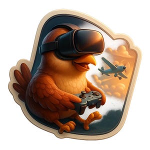 2 pájaros con gafas de realidad virtual jugando a un simulador de vuelo. Divertida pegatina de dibujos animados, resistente a la intemperie. Regalo para gamers, amantes de los pájaros y del humor.