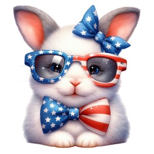 Cute USA Rabbit Sticker 4th of July Wall Decal Cartoon Animal 3D with Bow & Glasses Decoration for Children's Room Laptop Car