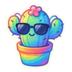 Adesivi kawaii di cactus | Cactus arcobaleno con occhiali da sole in stile Sora | Adesivo divertente con pianta anime