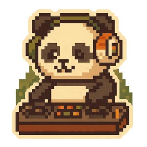 Panda con auriculares de sushi en la mesa de mezclas de DJ. Divertida pegatina de dibujos animados, resistente a la intemperie, regalo para amantes de la música, los pandas y el sushi.