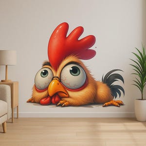 Autocollant mural drôle de coq épuisé, décoration murale de poulet de dessin animé, autocollant d'animaux de ferme, poulet drôle de chambre d'enfants, cadeau de ferme