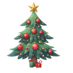 Könnte beinhalten: Illustration eines Weihnachtsbaums. Der grüne Baum ist mit roten Kugeln, goldenen Sternen und Lichtern geschmückt. Ein goldener Stern sitzt oben, mit zwei verpackten Geschenken an der Basis, eines grün und eines rot.