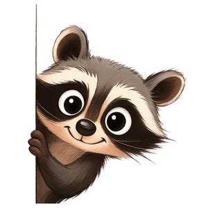 Puede incluir: Ilustración de dibujos animados de un mapache con una expresión amigable. El mapache tiene ojos grandes y expresivos, una máscara negra y un pelaje marrón y gris. Se asoma por una esquina blanca, con su pata visible.