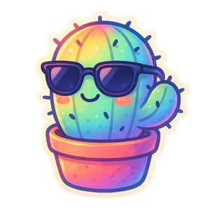 Adesivi kawaii di cactus | Cactus arcobaleno con occhiali da sole in stile Sora | Adesivo divertente con pianta anime