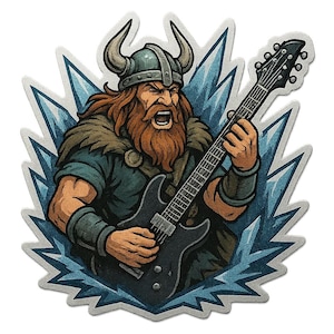 Viking sticker with electric guitar instead of axe. Rocking Norseman as comic figure. Sticker for metalheads, history nerds and myth fans.