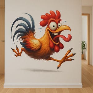 Funny running rooster wall sticker, cartoon farm chicken decal, funny rooster nursery decor colorful chicken wall art, farm animal