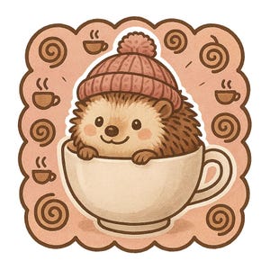 Adesivo riccio in tazza da tè con cappello di lana Simpatico motivo a fumetti di animali per gli amanti dell'autunno Amanti degli animali Idea regalo per gli amici ricci