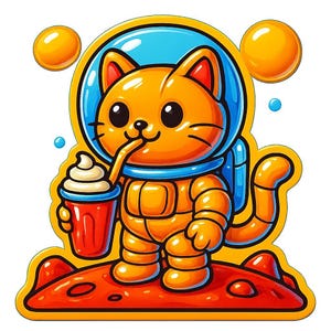 Gato astronauta en Marte con batido – Pegatina divertida de dibujos animados – Resistente a la intemperie – Regalo para amantes del espacio, los gatos y el humor