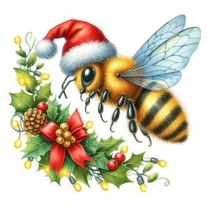 May include: A watercolor illustration of a bee wearing a Santa hat, surrounded by holly, a red bow, and a string of lights. The bee has yellow and black stripes and transparent wings, perfect for holiday-themed designs.