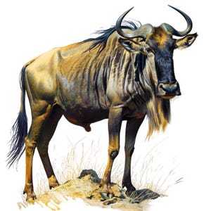 May include: A detailed illustration of a wildebeest, showcasing its distinctive features. The animal has a tan and brown coat, a black mane, and curved horns. The wildebeest stands on a small patch of grass and rocks, with a white background.