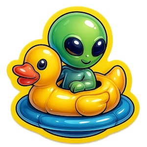 ゴム製のアヒルの宇宙船に乗ったエイリアンの赤ちゃん – かわいい漫画ステッカー – 耐候性 – SF、赤ちゃん、ユーモアファンへのギフト