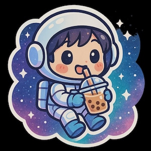 Adesivo per tè al latte astronauta | Sora Chibi in tuta spaziale con bubble tea | Adesivi spaziali kawaii | Simpatico motivo nerd