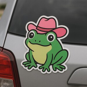 Divertente adesivo a forma di rana con cappello da cowboy rosa per laptop, auto e camper. Regalo per gli amanti degli animali e dell'umorismo un po' eccentrico.