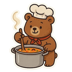 Op de afbeelding: Een bruine cartoonbeer met een koksmuts en rode halsdoek, die soep roert in een grijze pot met een houten lepel. Stoom stijgt op uit de pot, wat suggereert dat de soep heet is. De beer heeft een vriendelijke uitdrukking.