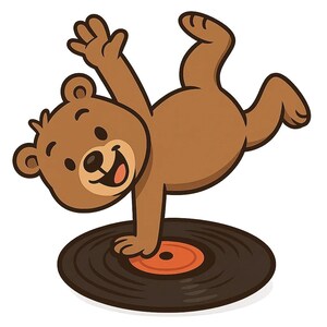Puede incluir: Ilustración de dibujos animados de un oso de peluche marrón equilibrándose sobre un disco de vinilo negro. El oso sonríe con la boca abierta y un brazo en el aire. El disco tiene un centro naranja.