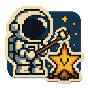 Astronauta asando malvaviscos sobre una estrella. Divertida pegatina de dibujos animados, resistente a la intemperie. Regalo para amantes del espacio, el camping y el humor.