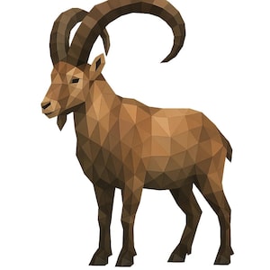 May include: A geometric illustration of a brown ibex with large, curved horns. The artwork features a low-poly style, with the animal's form constructed from numerous triangular shapes. The ibex stands on a white background.
