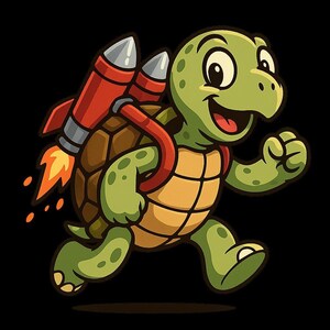 Può includere: Illustrazione di un cartone animato di una tartaruga verde con un guscio marrone, che corre con un razzo rosso sulla schiena. Il razzo ha due razzi con la punta argentata e fiamme arancioni. La tartaruga sorride su sfondo nero.
