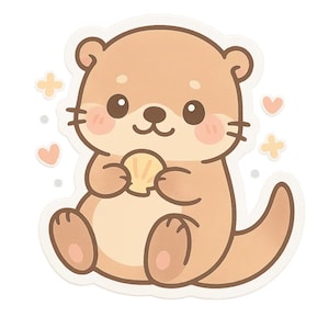 May include: A cartoon sticker of an otter holding a seashell. The otter is light brown with pink cheeks and a white outline. Small hearts and star shapes surround the otter.