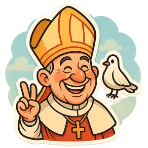 Lustiger Cartoon Papst Leo XIV Sticker | Fröhlicher Heiliger mit Taube & Riesenhut | Niedliches Kirchenmotiv als Spaß-Aufkleber