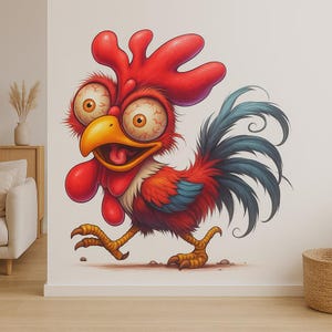 Funny rooster wall decal, cartoon rooster sticker, funny farm rooster, colorful rooster sticker, funny chicken wall art, children's room decoration