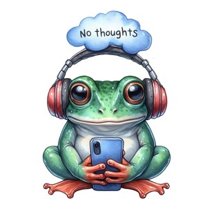 Może przedstawiać: Akwarelowa ilustracja zielonej żaby z dużymi oczami, w słuchawkach z czerwonymi nausznikami, trzymającej niebieski smartfon. Nad głową żaby widnieje niebieska chmura z napisem "No thoughts". Żaba siedzi, widoczne są jej czerwone stopy.