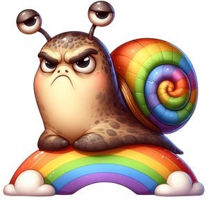 May include: A cartoon illustration of an angry snail with a rainbow shell, sitting on a rainbow. The snail has a grumpy expression, with furrowed brows and a downturned mouth. The shell is a spiral of vibrant colors.