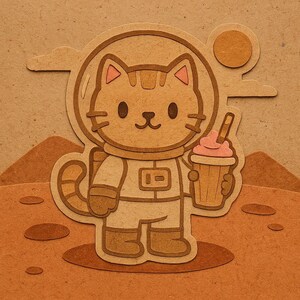 Gato astronauta en Marte con batido – Pegatina divertida de dibujos animados – Resistente a la intemperie – Regalo para amantes del espacio, los gatos y el humor
