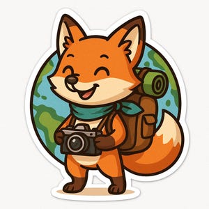 Volpe con macchina fotografica in giro per il mondo – Grazioso adesivo per auto – resistente alle intemperie, avventuroso – regalo per amanti dei viaggi, degli animali e fotografi