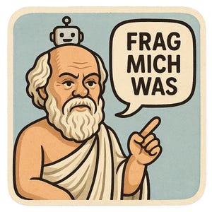 Pegatina de Sócrates como un antiguo chatbot con toga y diciendo nube Pregúntame cualquier cosa Pegatina de cómic de filosofía para pensadores y fanáticos de los libros