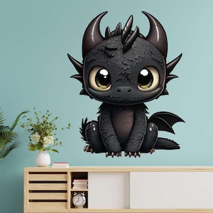 Autocollant mural dragon noir mignon, autocollant dragon fantastique, décoration murale pour chambre d'enfant, motif animalier, autocollant mural dragon