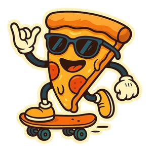 スケートボードとサングラスをつけたピザのスライス – 面白い漫画ステッカー – 耐候性 – グルメ、スケーターのユーモアファンへのギフト