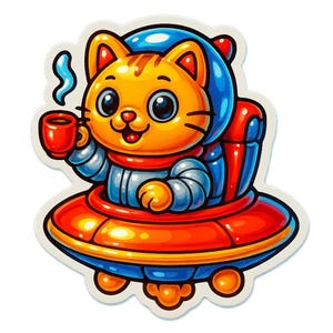 Gato astronauta en una cafetería con platillos – Divertida pegatina de dibujos animados – Resistente a la intemperie – Regalo para amantes del espacio, los gatos y el humor