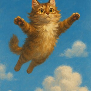Flying Cat Illustration – Cute, imaginative pet picture, cute animal sticker, playful cat drawing cat motif