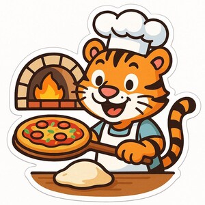 Tiger Baking Pizza Sticker – Funny Car Sticker – Weatherproof, Delicious – Gift for Animal Lovers, Foodies, and Humor Fans