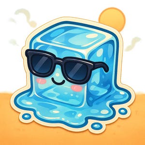 Pegatina de cubo de hielo genial | Pegatina divertida con cubito de hielo y gafas de sol | Diseño de dibujos animados de verano | Regalo de nerd kawaii