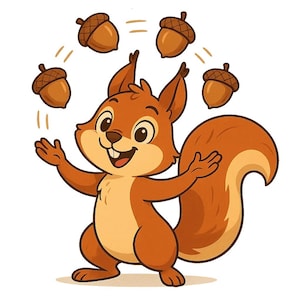 May include: A cartoon illustration of a brown squirrel juggling five acorns. The squirrel has a happy expression with its mouth open, and its tail is curved. The acorns are brown with light brown caps, and the background is white.