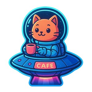 Gato astronauta en una cafetería con platillos – Divertida pegatina de dibujos animados – Resistente a la intemperie – Regalo para amantes del espacio, los gatos y el humor