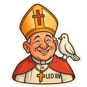 Adesivo divertente del cartone animato Papa Leone XIV | Santo felice con colomba e cappello gigante | Simpatico motivo di chiesa come adesivo divertente