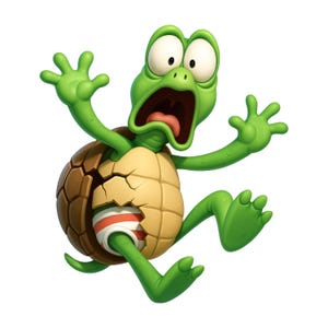 Può includere: Una tartaruga dei cartoni animati con un'espressione scioccata. La tartaruga è verde con un guscio marrone e beige. Il guscio è incrinato, rivelando un interno a strisce rosse e bianche. Le braccia e le gambe della tartaruga sono tese.
