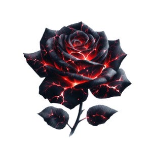 Peut inclure: Illustration numérique d'une rose noire avec des veines rouges flamboyantes et un cœur incandescent. Les pétales et les feuilles présentent une texture craquelée, semblable à de la lave, sur fond blanc. La tige est vert foncé.