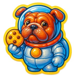 Bulldogge als Astronaut mit Keks – Lustiger Cartoon-Sticker – wetterfest – Geschenk für Space-, Hunde- & Humor-Fans