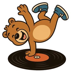 Puede incluir: Ilustración de dibujos animados de un oso pardo haciendo el pino sobre un disco de vinilo. El oso lleva zapatillas azules y tiene una expresión feliz. El disco es negro con un centro naranja.