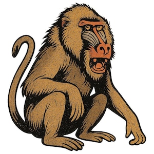 May include: A detailed illustration of a baboon in a seated pose, with its mouth open. The baboon features brown fur with black detailing, an orange face, and a curved tail. The image has a textured, vintage aesthetic.
