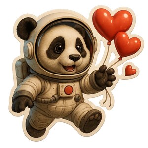 Panda astronauta lanzando globos con forma de corazón. Bonita pegatina de dibujos animados, resistente a la intemperie. Regalo para amantes del espacio, los animales y el amor.
