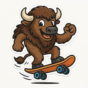 Bison on Skateboard Sticker – Funny Car Sticker – Weatherproof, Wild – Gift for Skaters, Animal Lovers and Humor Fans