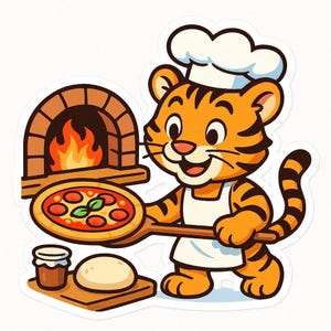 Tiger Baking Pizza Sticker – Funny Car Sticker – Weatherproof, Delicious – Gift for Animal Lovers, Foodies, and Humor Fans