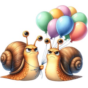May include: Two cartoon snails with angry expressions, holding a bunch of colorful balloons. The snails have orange bodies and brown shells. The balloons are in shades of green, pink, orange, blue, and red.